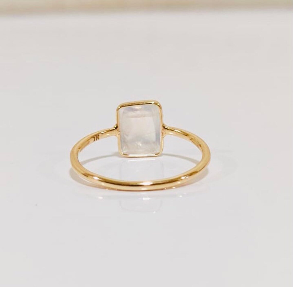 Natural Rainbow Moonstone Emerald Cut Simple Bezel Set Engagement Ring - 14k Gold Vermeil Rings