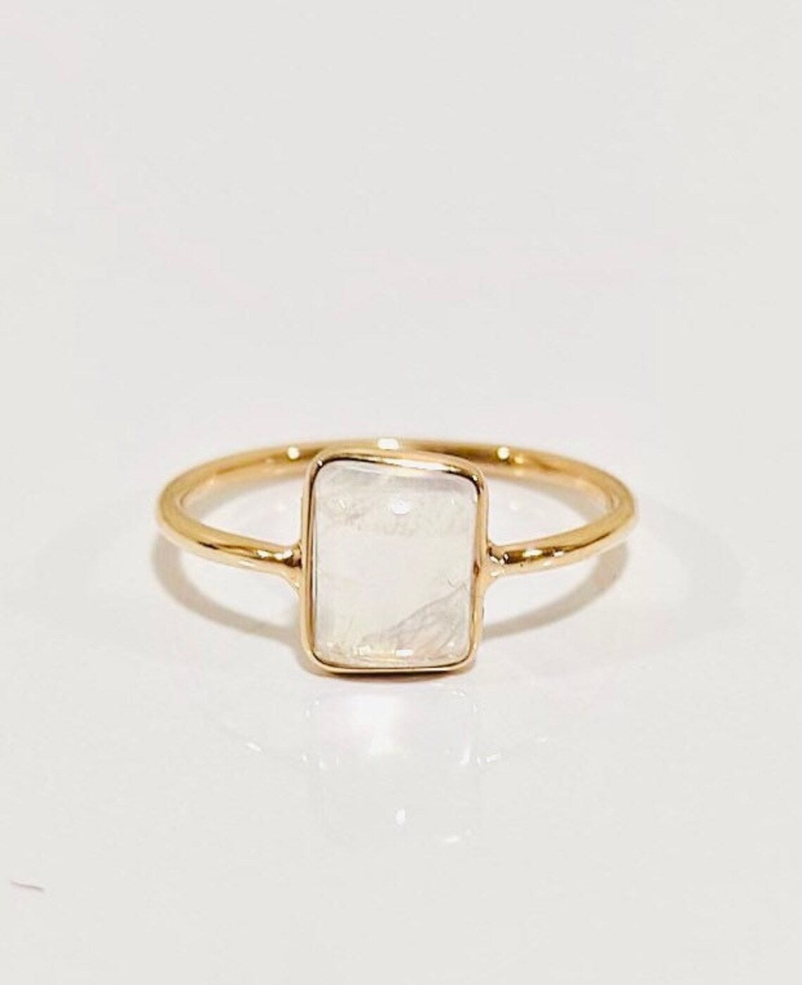 Natural Rainbow Moonstone Emerald Cut Simple Bezel Set Engagement Ring - 14k Gold Vermeil Rings