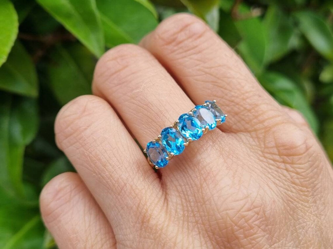 Natural Oval Cut Blue Topaz Half Eternity Vintage Promise Rings - 14k Gold Vermeil Rings