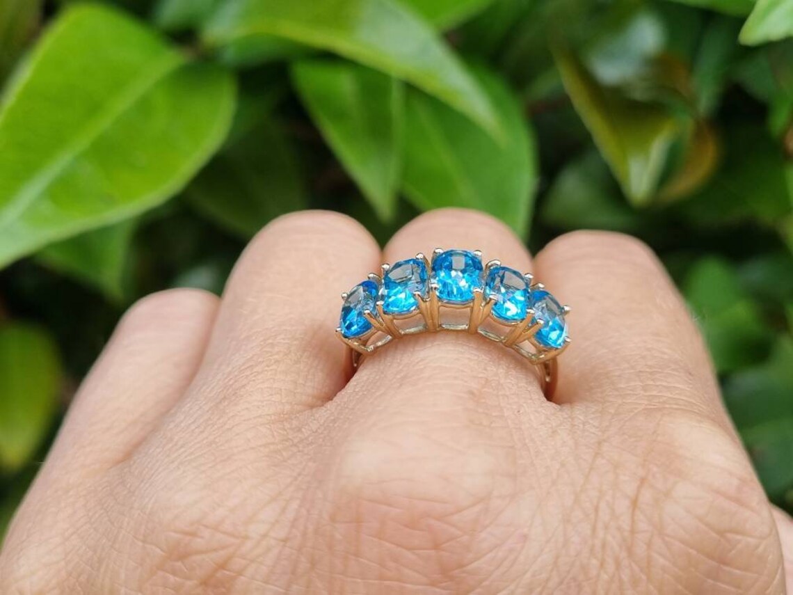 Natural Oval Cut Blue Topaz Half Eternity Vintage Promise Rings - 14k Gold Vermeil Rings