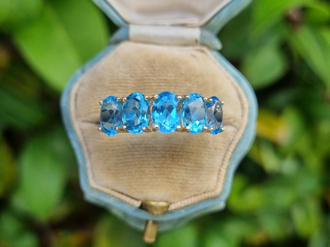 Natural Oval Cut Blue Topaz Half Eternity Vintage Promise Rings - 14k Gold Vermeil Rings