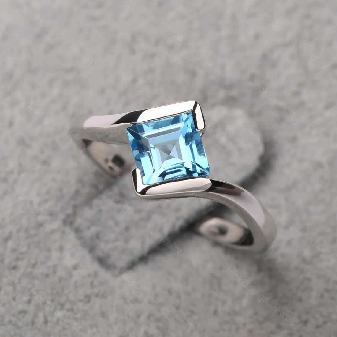 Natural Square Cut Swiss Blue Topaz Solitaire Ring  - 925 Sterling Silver Ring