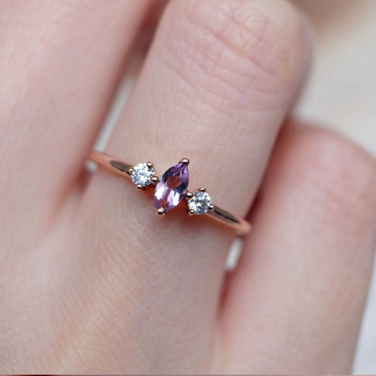 Natural Amethyst Ring- 14k Rose Gold Vermeil Ring - Amethyst Three Stone Ring