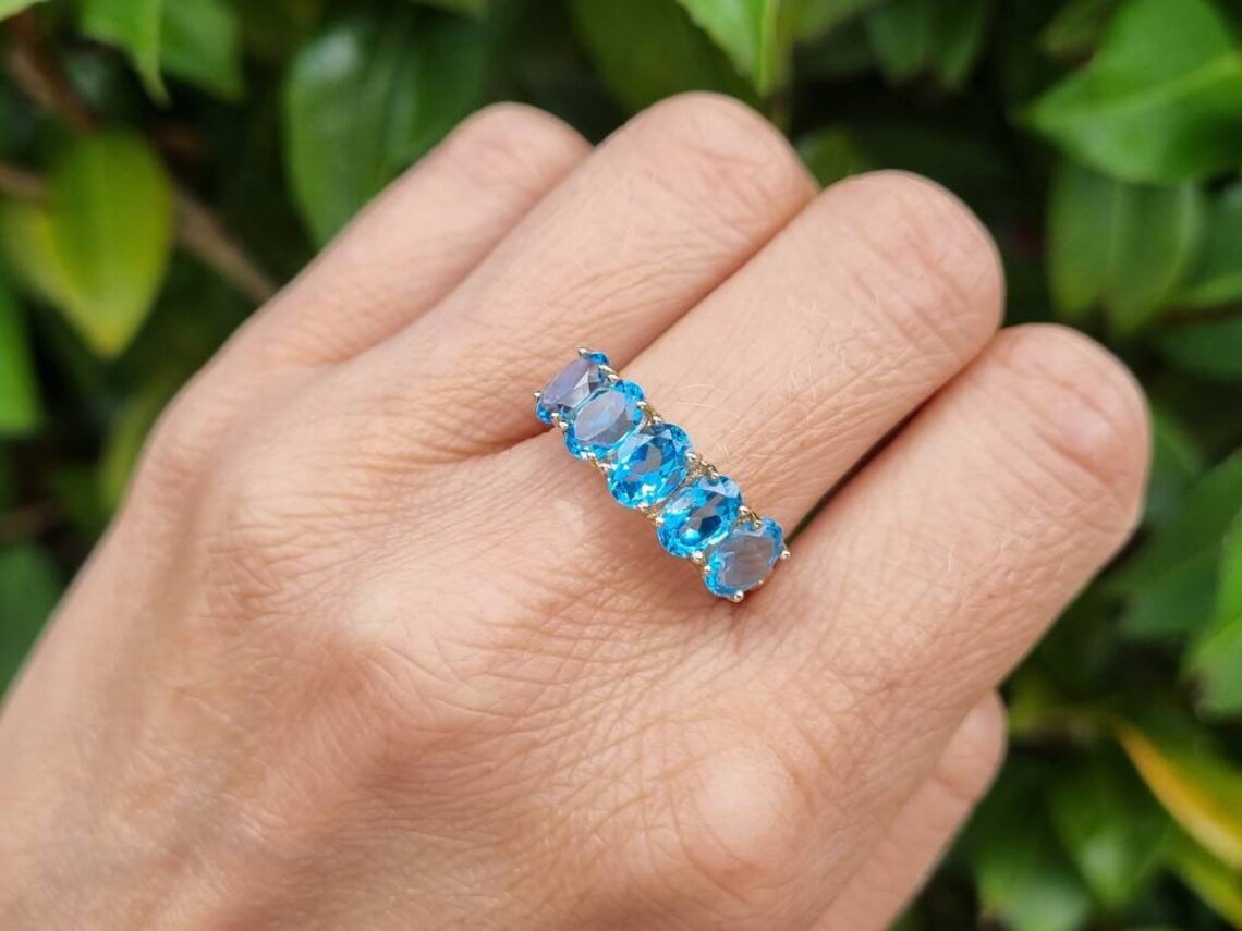 Natural Oval Cut Blue Topaz Half Eternity Vintage Promise Rings - 14k Gold Vermeil Rings