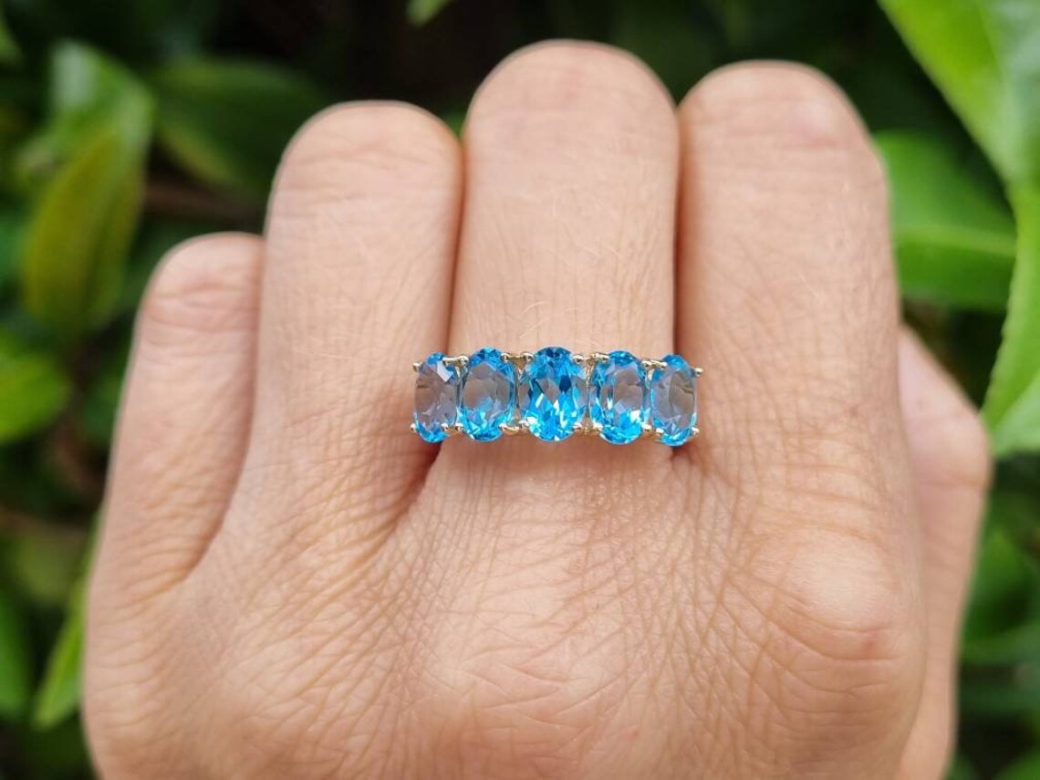 Natural Oval Cut Blue Topaz Half Eternity Vintage Promise Rings - 14k Gold Vermeil Rings