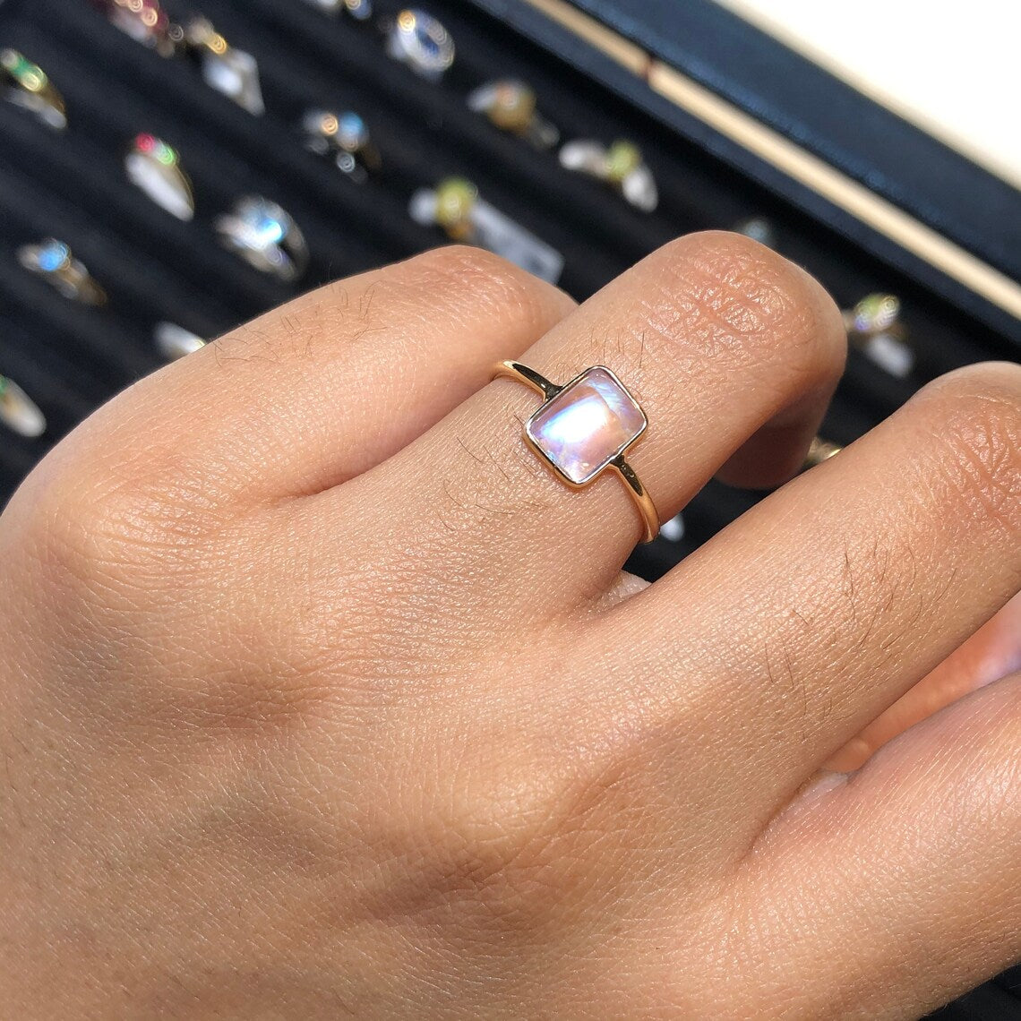 Rainbow Moonstone Emerald Cut Rings