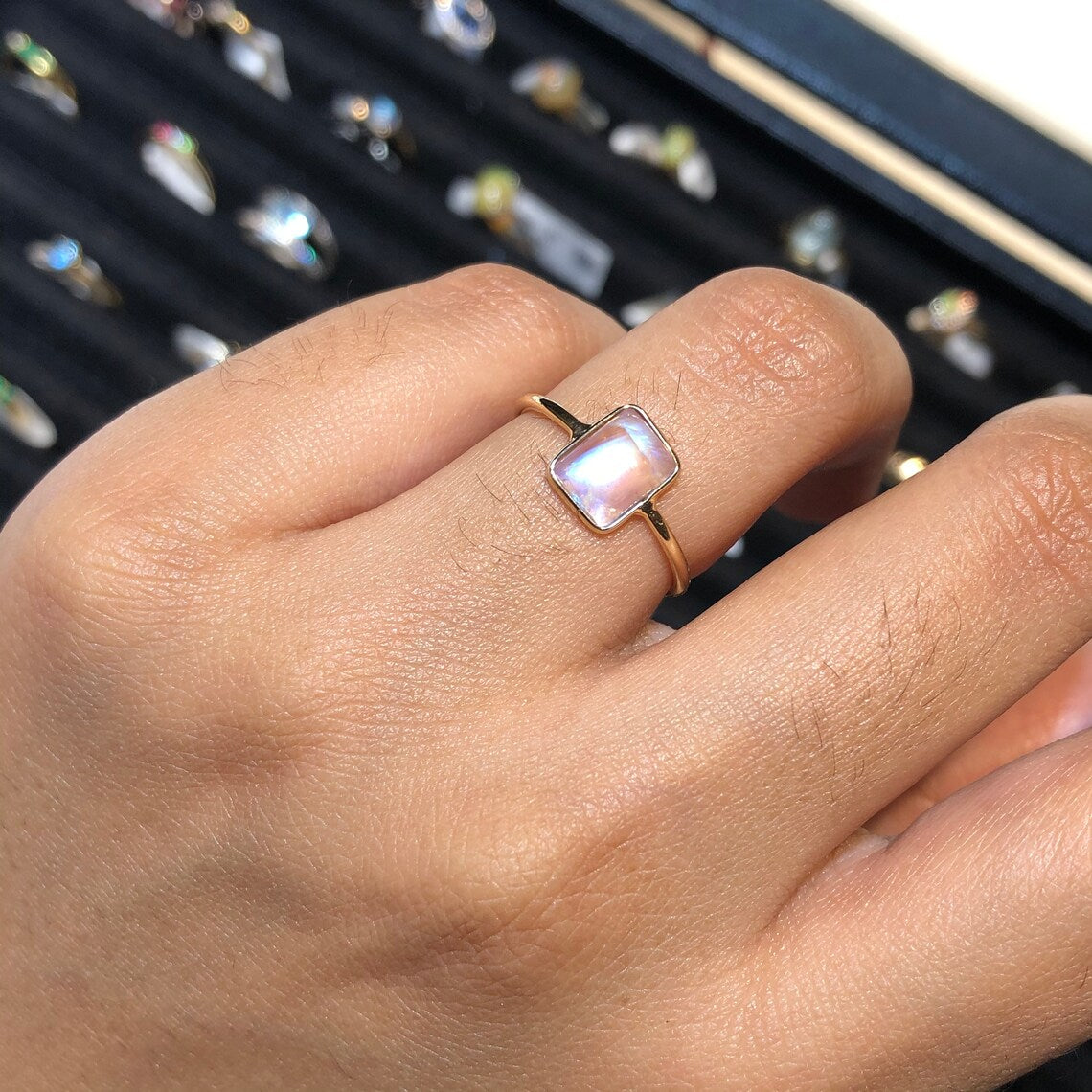 Natural Rainbow Moonstone Emerald Cut Simple Bezel Set Engagement Ring - 14k Gold Vermeil Rings