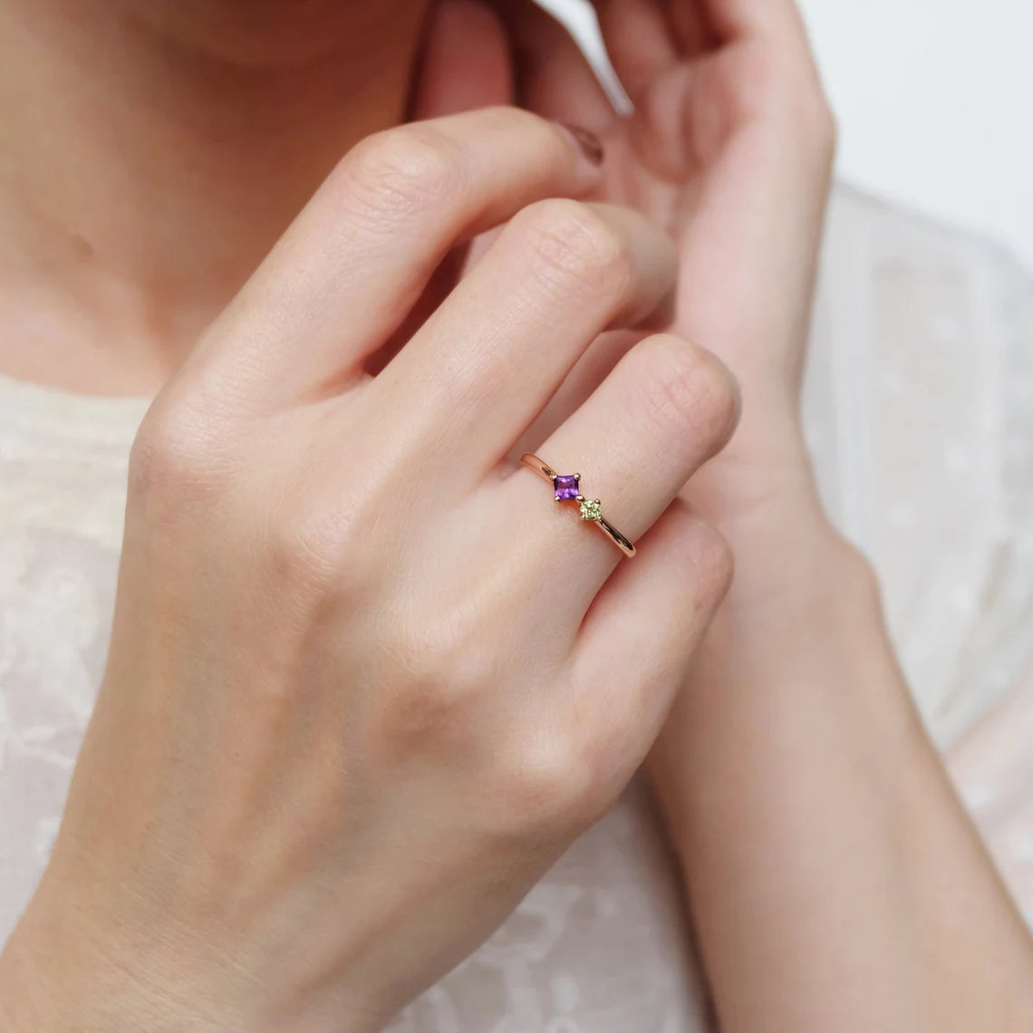 Two Stone Mother's Ring -  14k Rose Gold Ring - Dual Birthstone Ring