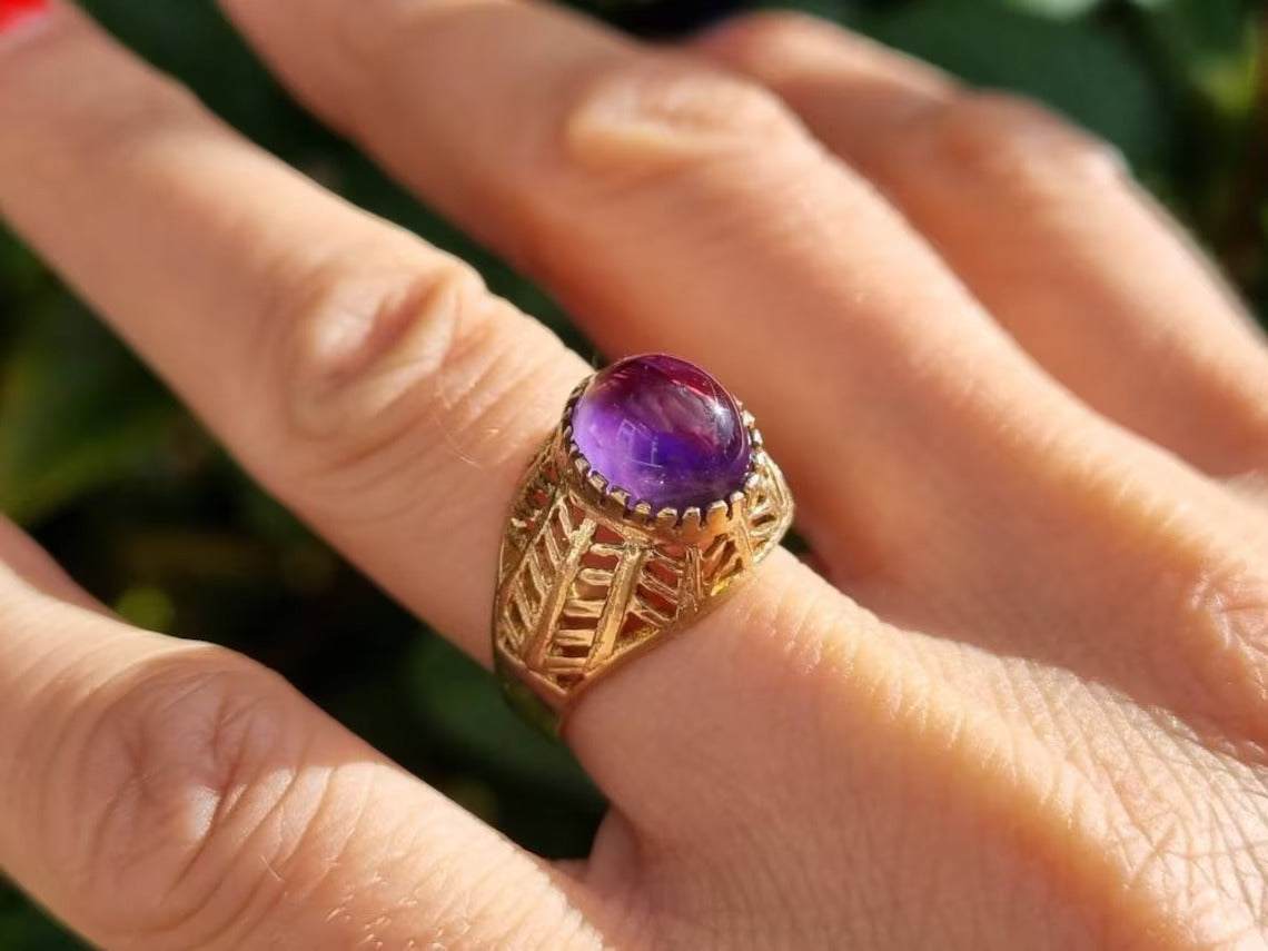 Natural Oval Cut Amethyst Vintage Filigree Rings For Women - 14k Gold Vermeil Rings