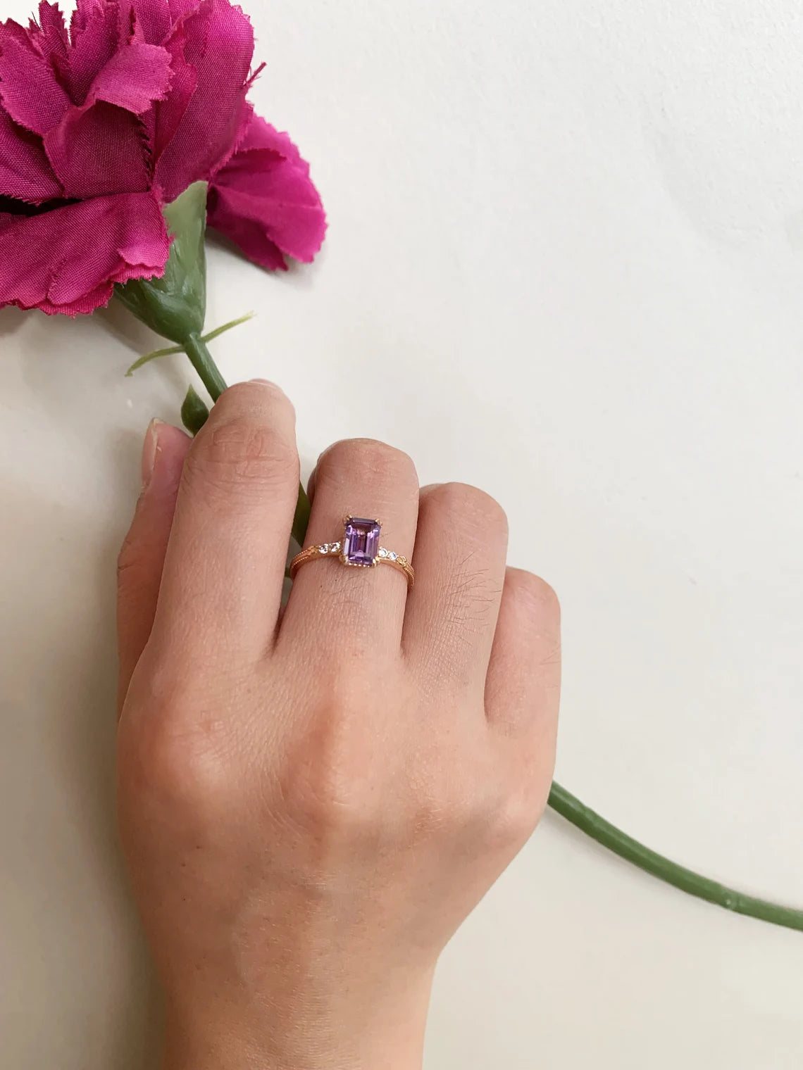 Natural Emerald Cut Amethyst Handmade Solitaire Promise Rings - 925 Sterling Silver Ring