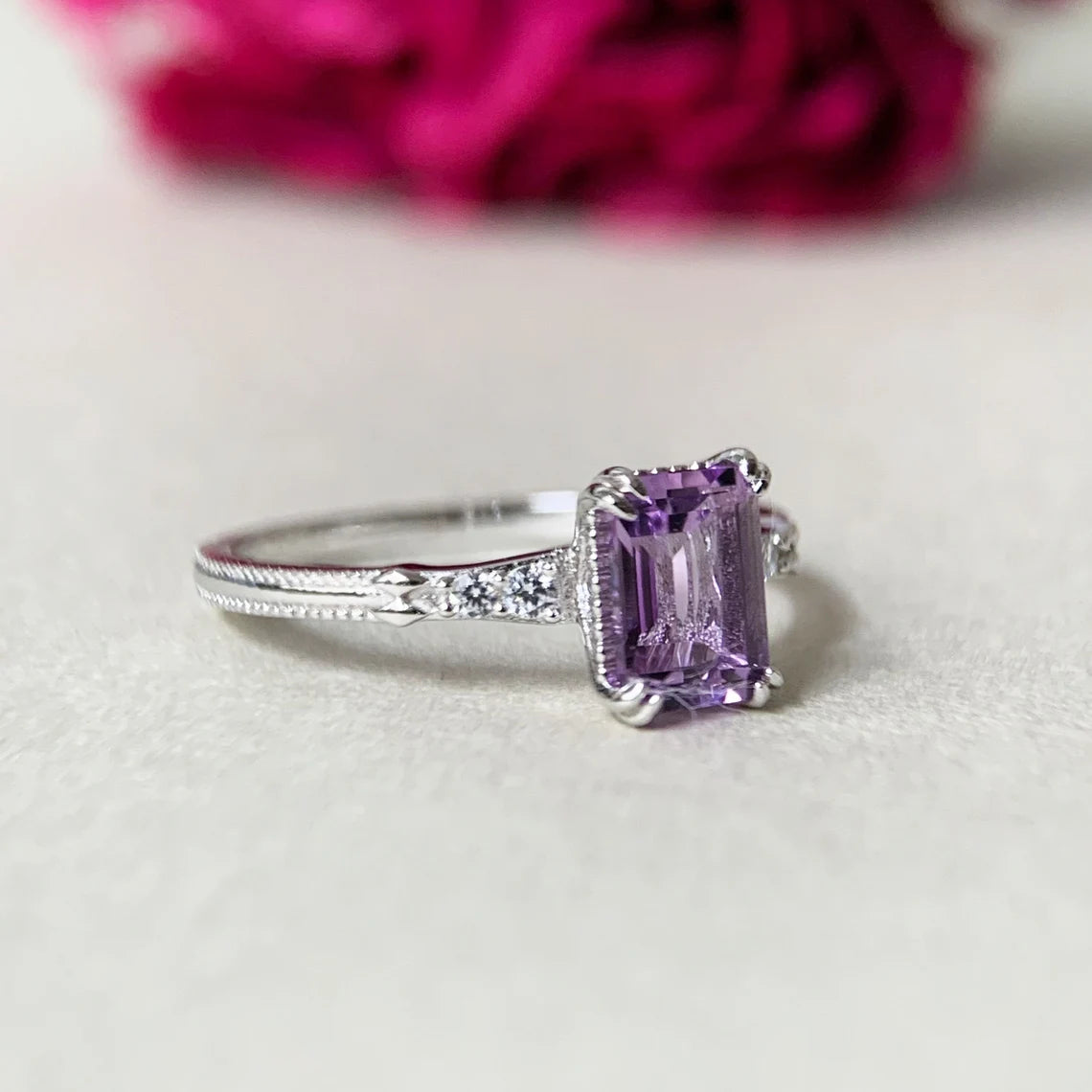 Natural Emerald Cut Amethyst Handmade Solitaire Promise Rings - 925 Sterling Silver Ring