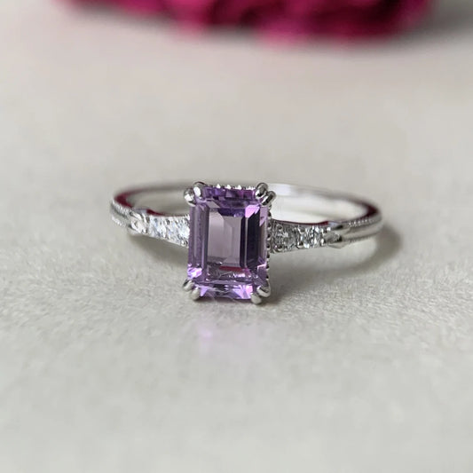 Natural Emerald Cut Amethyst Solitaire Rings