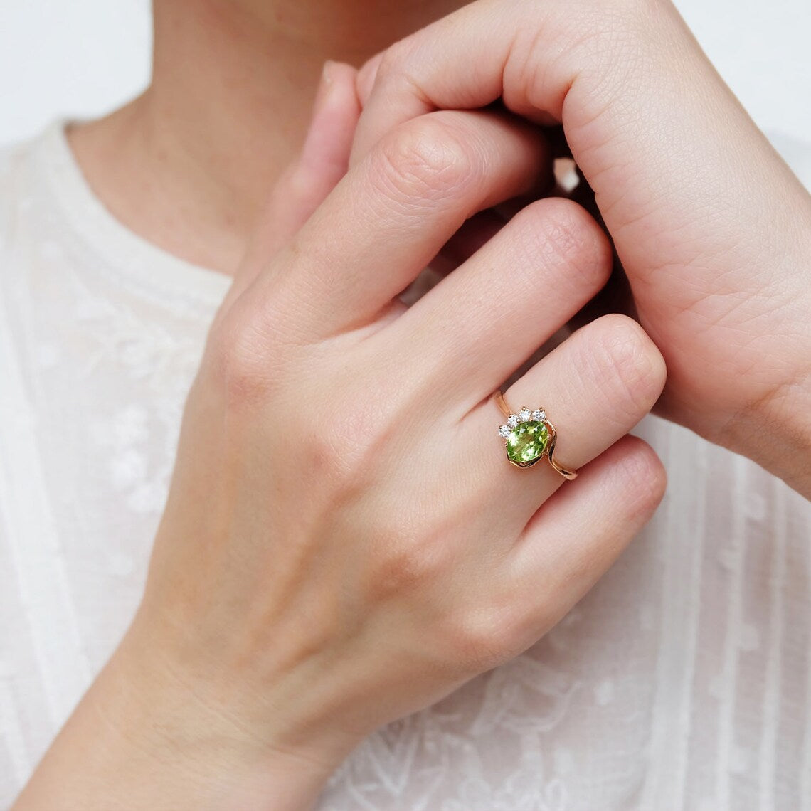 Bague de fiançailles Peridot - Bague Vermeil en or 14 carats - Bague de déclaration Peridot