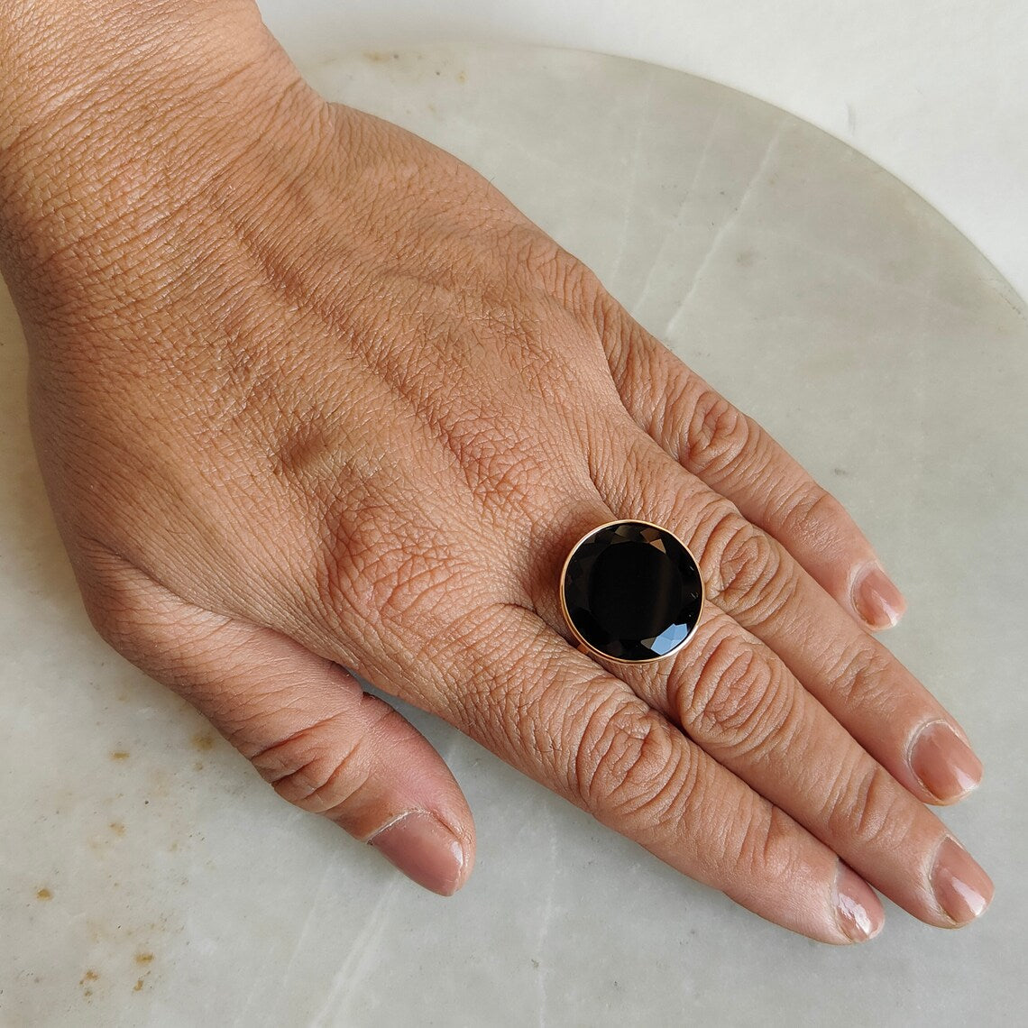 Natural Black Onyx Round Cut Cocktail Ring - 14k Gold Vermeil Rings