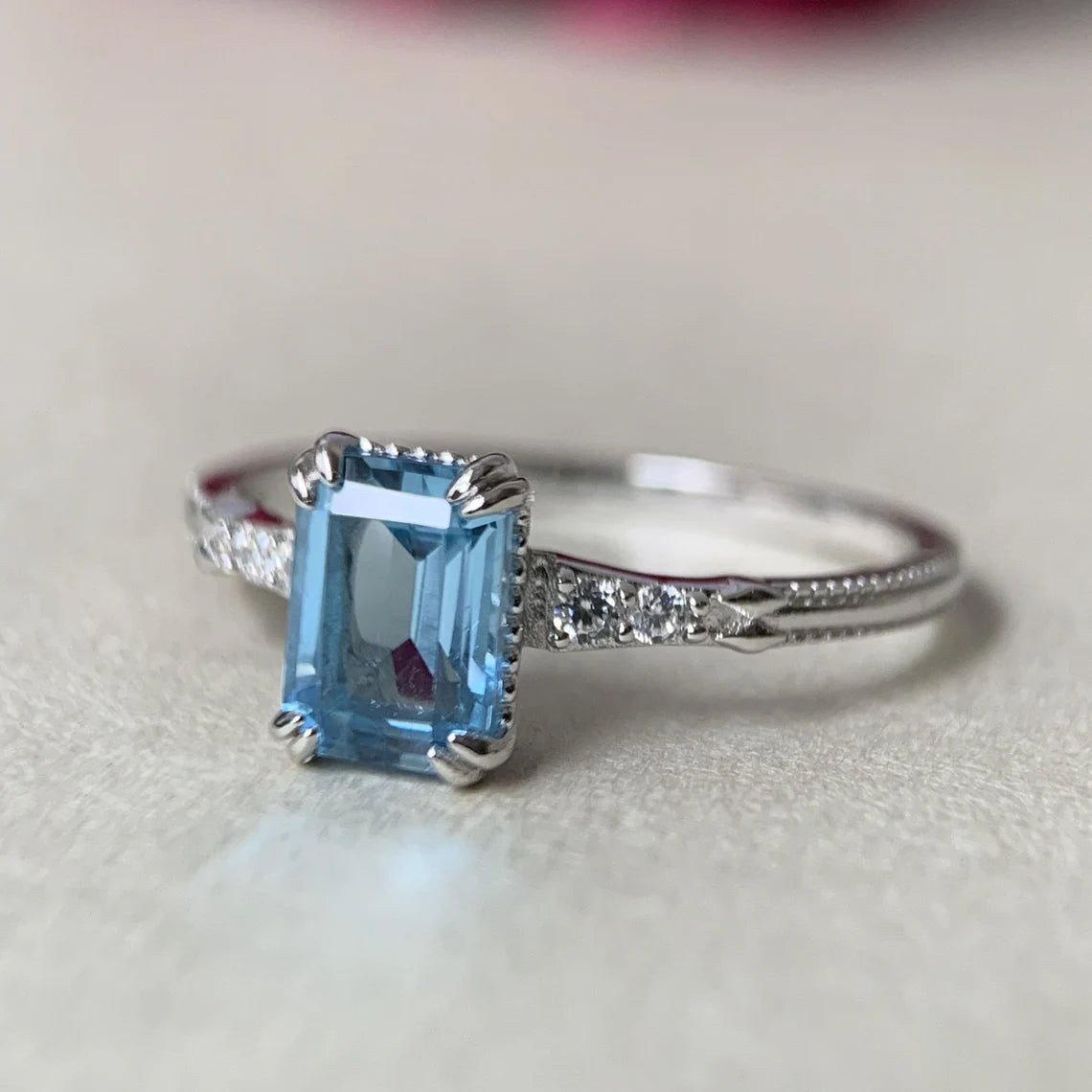 Natural Emerald Cut Swiss Blue Topaz Solitaire Rings