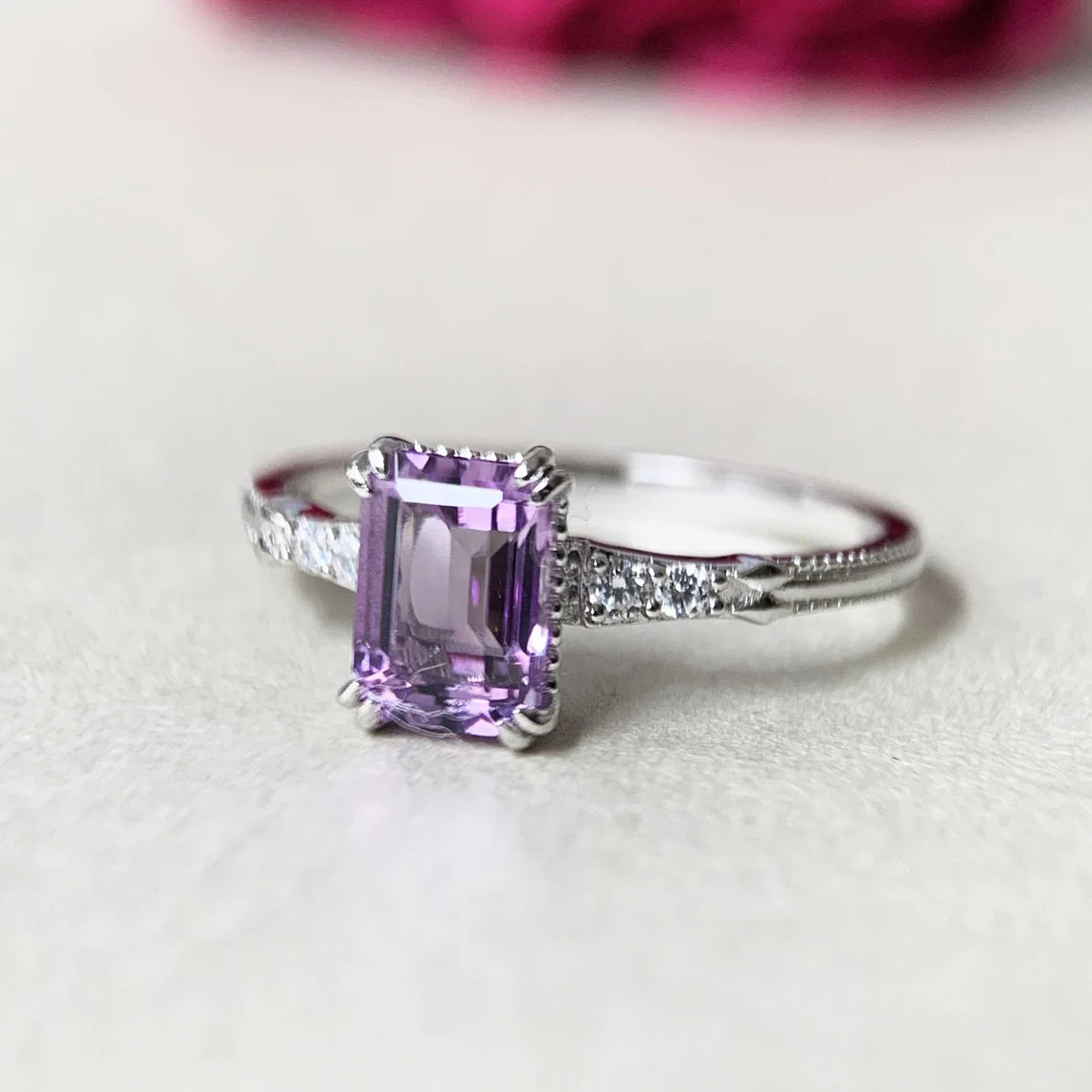 Natural Emerald Cut Amethyst Handmade Solitaire Promise Rings - 925 Sterling Silver Ring