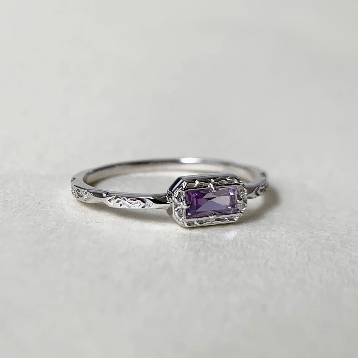 Vintage Baguette Cut Amethyst Minimalist Solitaire Rings For Women - 925 Sterling Silver Ring