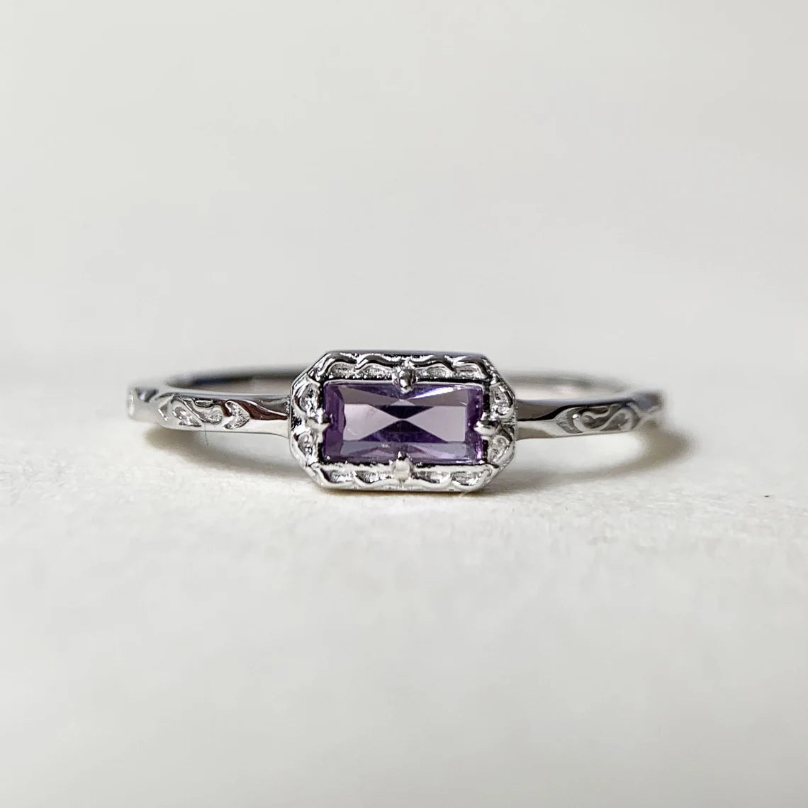 Vintage Baguette Cut Amethyst Minimalist Solitaire Rings For Women - 925 Sterling Silver Ring