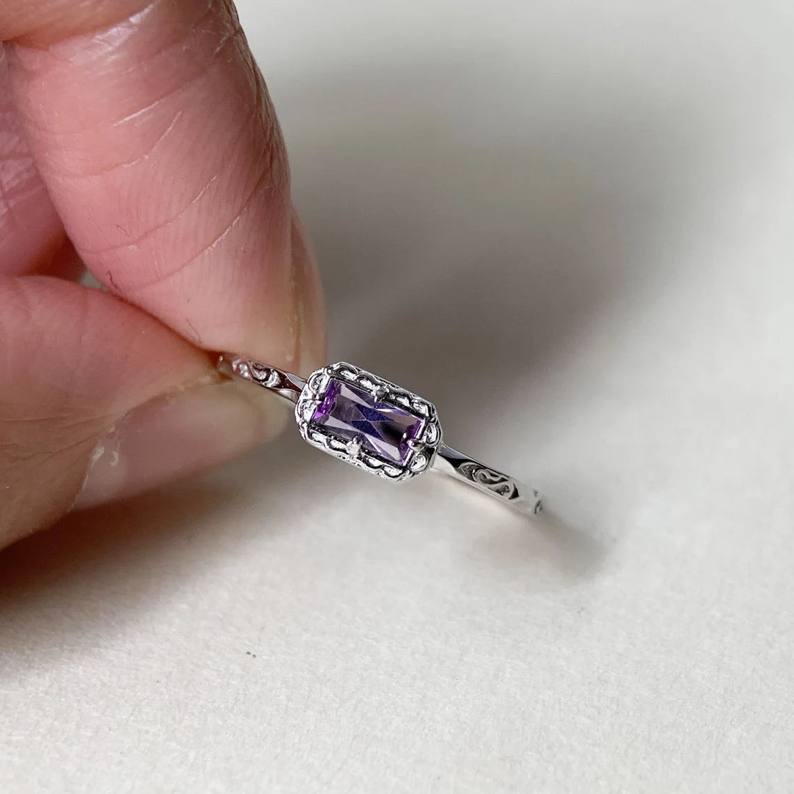 Vintage Baguette Cut Amethyst Minimalist Solitaire Rings For Women - 925 Sterling Silver Ring