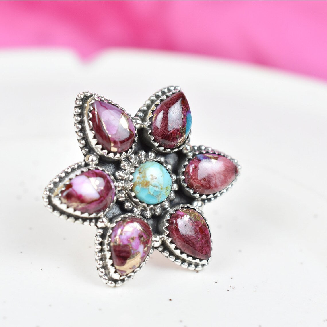 Native American Pink Copper Turquoise And Mohave Turquoise Cluster Rings - 925 Sterling Silver Handmade Vintage Rings