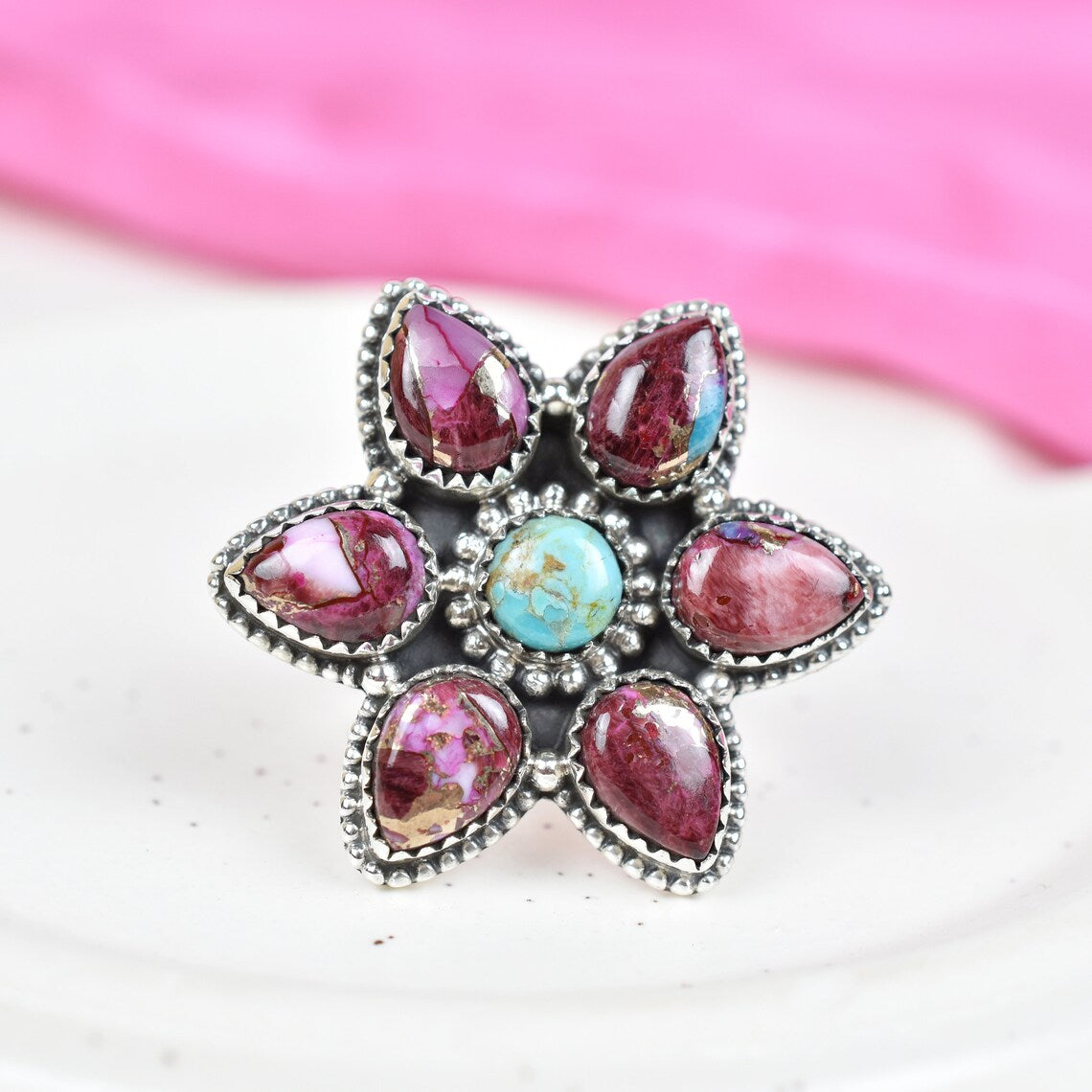 Native American Pink Copper Turquoise And Mohave Turquoise Cluster Rings - 925 Sterling Silver Handmade Vintage Rings