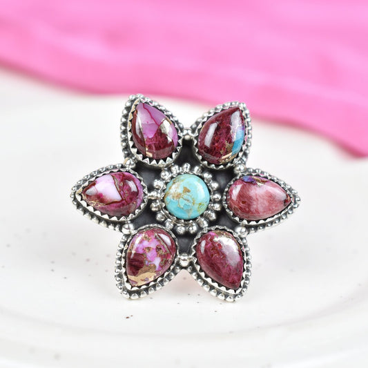 Native American Pink Copper Turquoise And Mohave Turquoise Cluster Rings - 925 Sterling Silver Handmade Vintage Rings