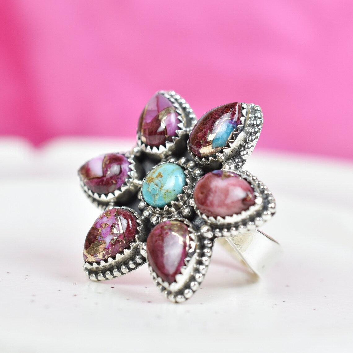 Native American Pink Copper Turquoise And Mohave Turquoise Cluster Rings - 925 Sterling Silver Handmade Vintage Rings