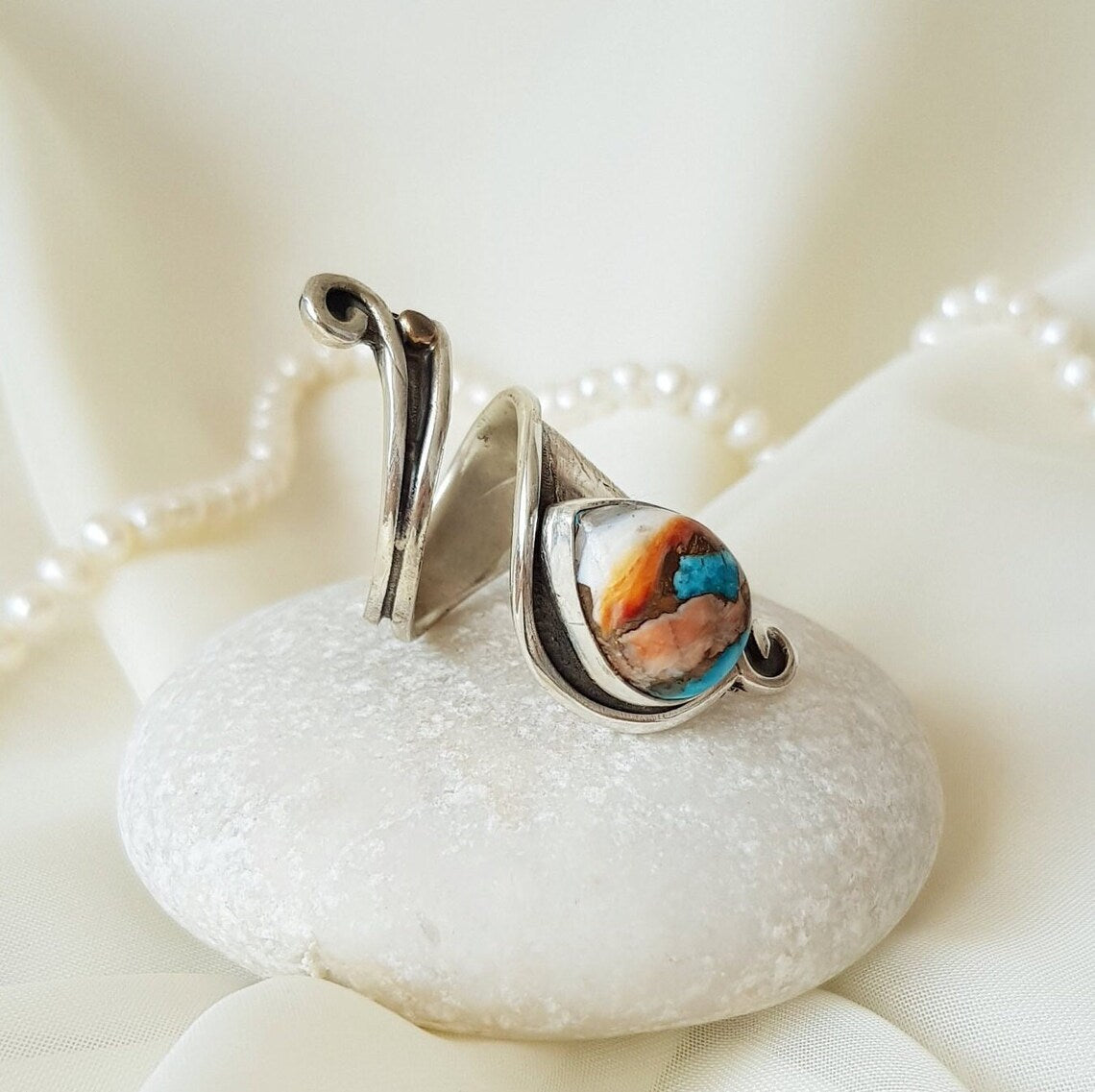 Vintage Teardrop Spiny Oyster Turquoise Wrap Rings - 925 Sterling Navajo Argent