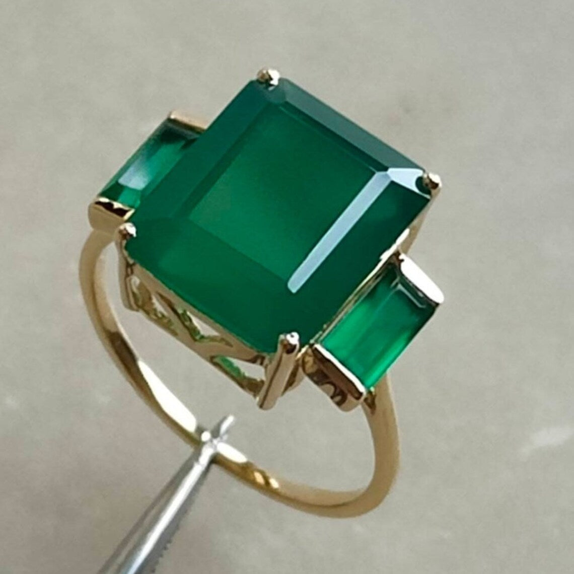 Anneaux en pierre Onyx vert naturel à trois pierres - Anneaux Vermeil en or 14 carats