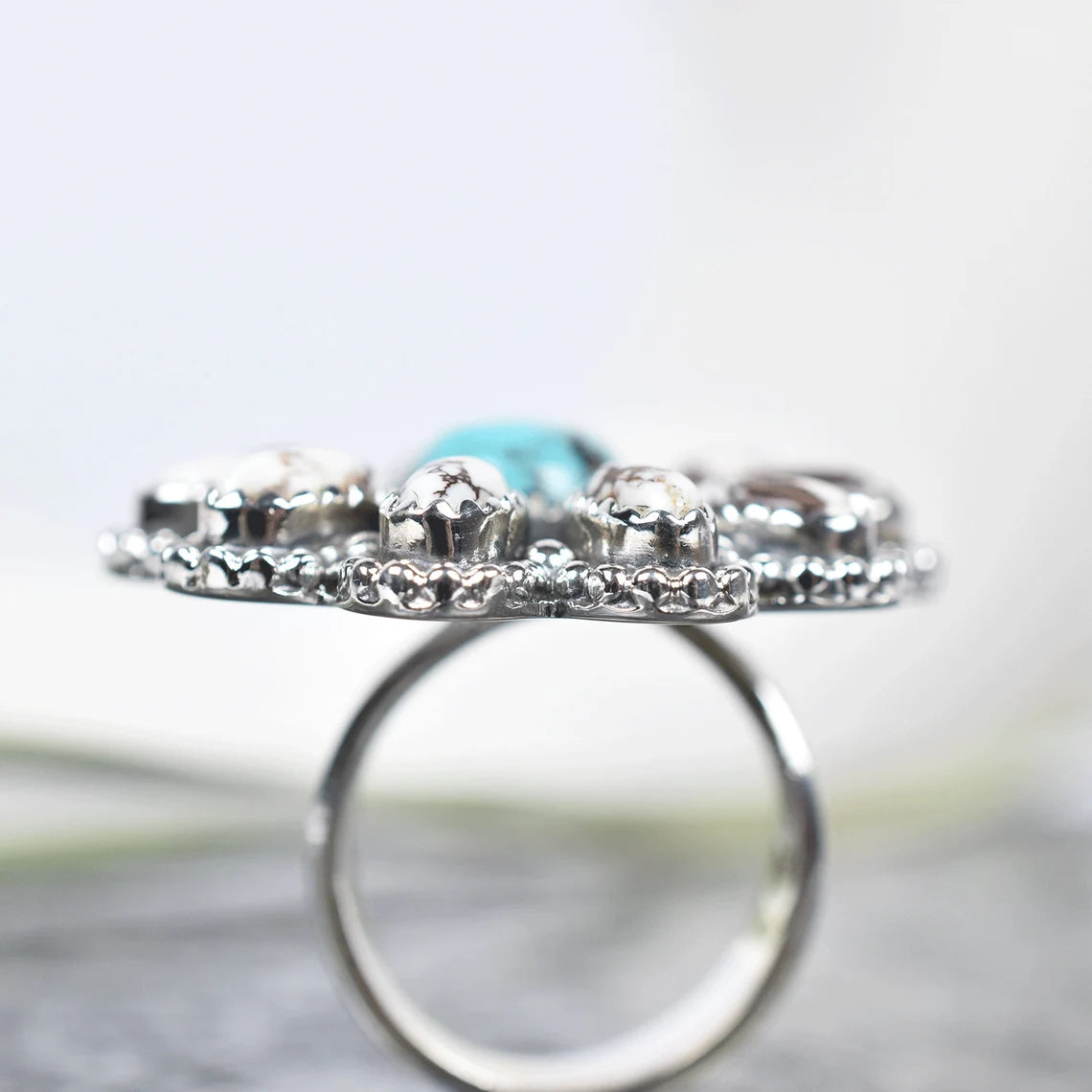 Native American Wild Horse & Turquoise Cluster Rings - 925 Sterling Silver Handmade Vintage Rings