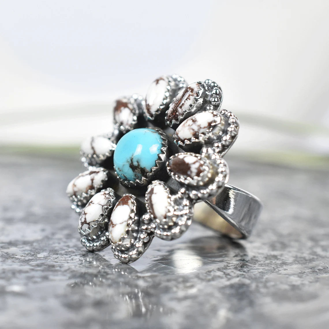 Native American Wild Horse & Turquoise Cluster Rings - 925 Sterling Silver Handmade Vintage Rings