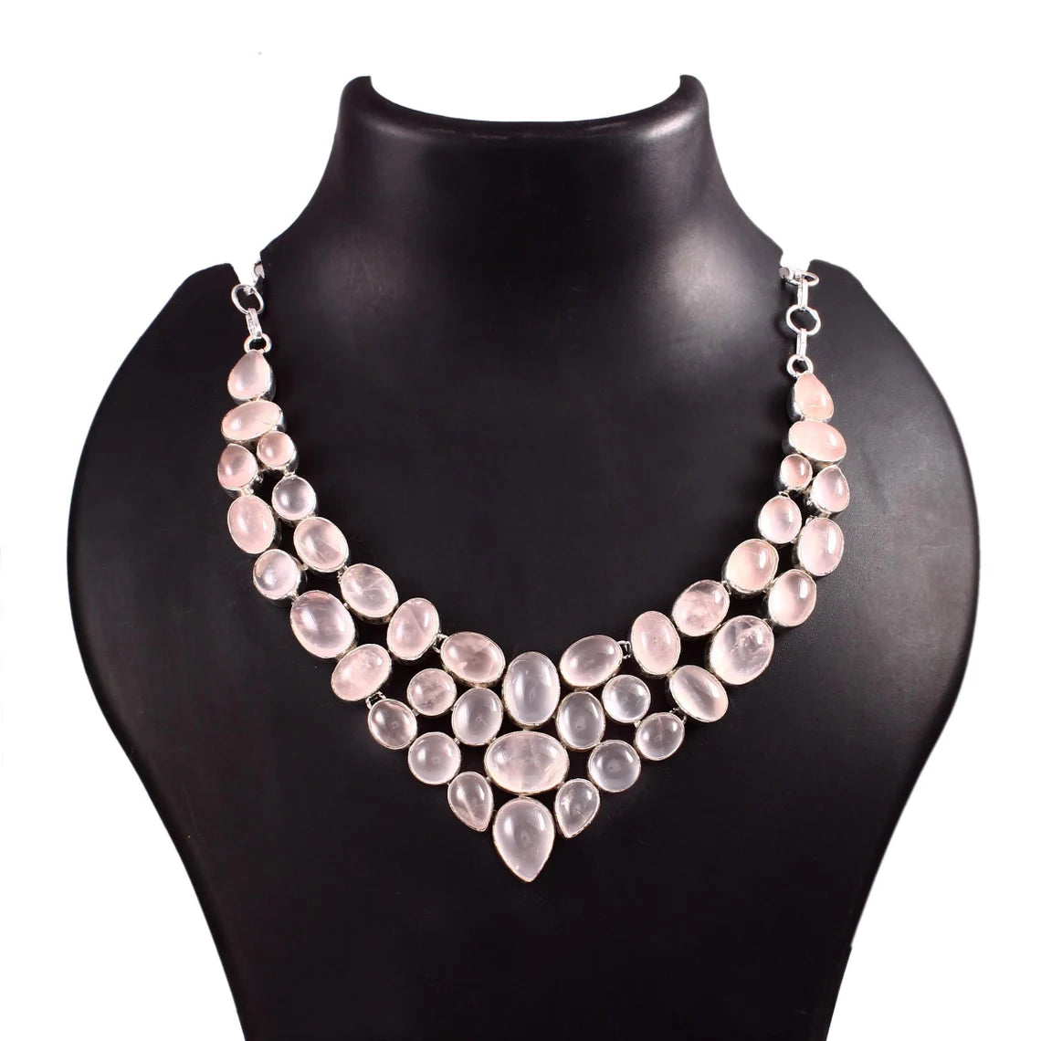 Natural Rose Quartz Bib Necklace  - 925 Sterling Silver Wedding Necklace