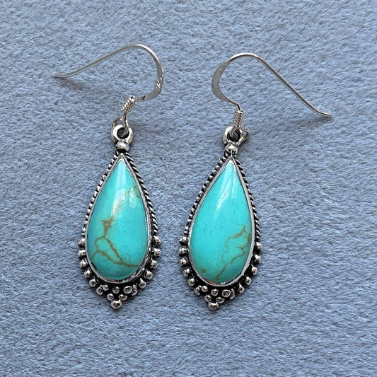 Native American Teardrop Cut Turquoise Southwestern Style Earrings - 925 Sterling Silver Earrings