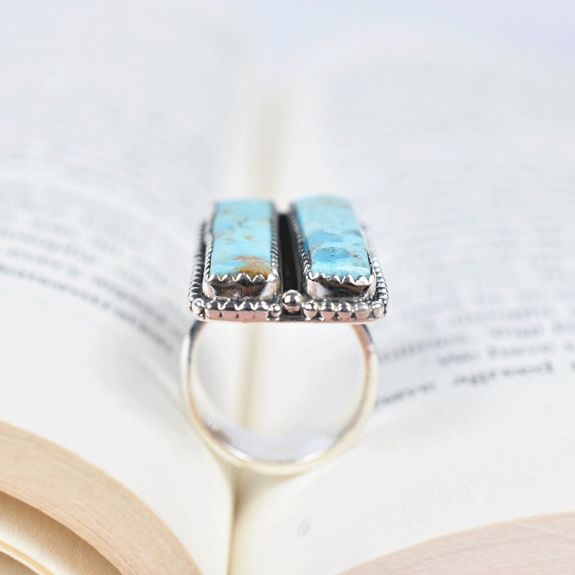 Vintage Two Stone Rectangle Turquoise Southwestern Style Ring - 925 Sterling Silver Rings