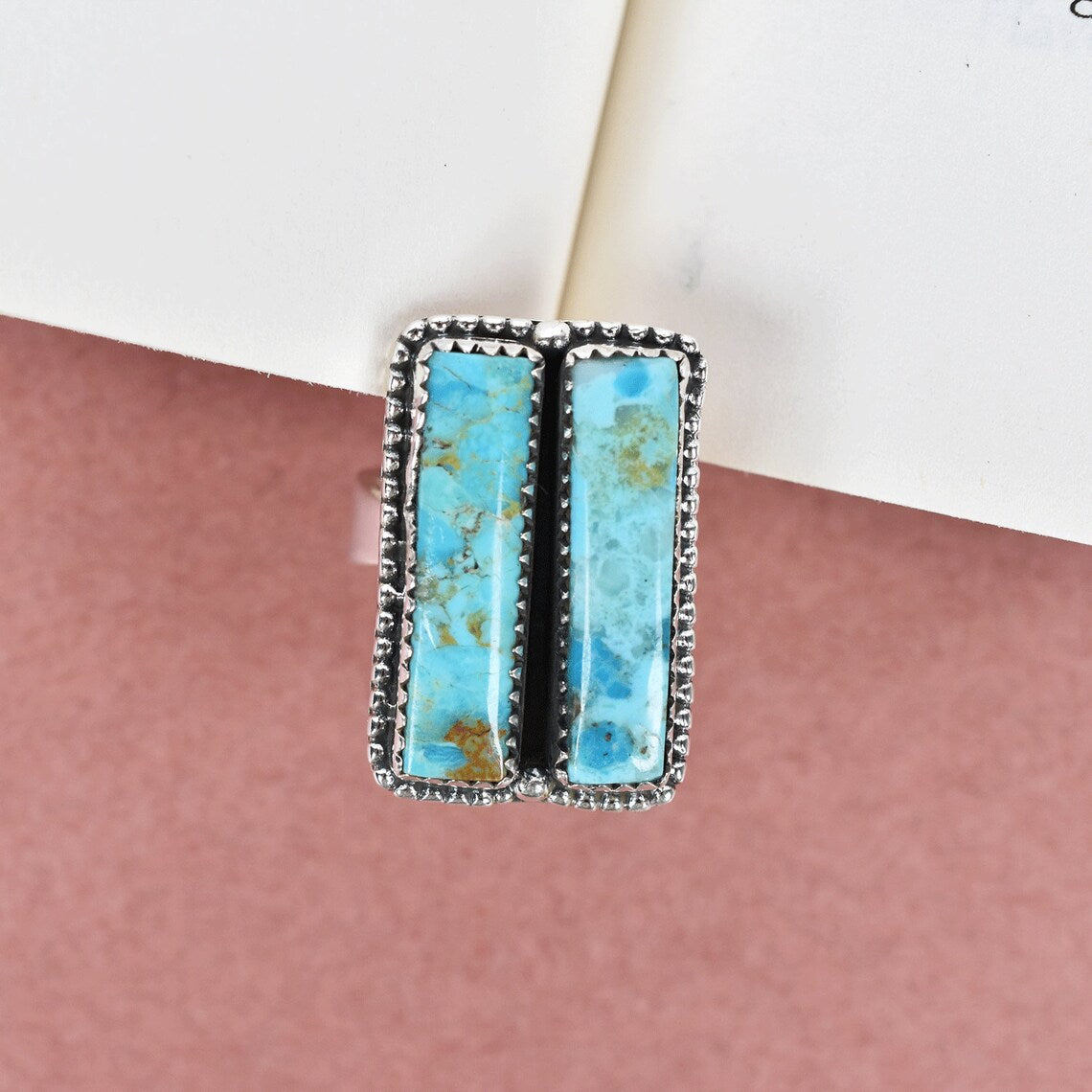 Vintage Two Stone Rectangle Turquoise Southwestern Style Ring - 925 Sterling Silver Rings