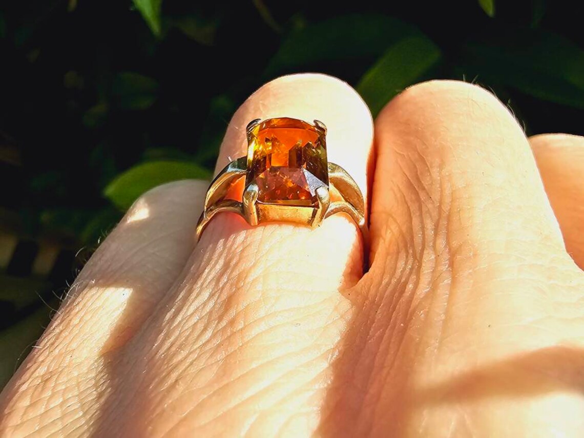 Bagues solitaire citrine taille émeraude naturelle - Bague Vermeil en or 14 carats - Bagues citrine vintage