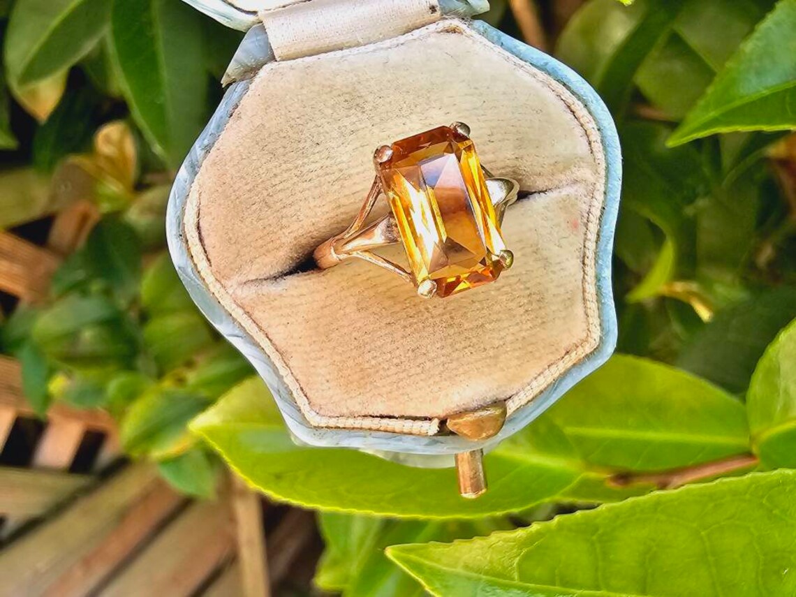 Bagues solitaire citrine taille émeraude naturelle - Bague Vermeil en or 14 carats - Bagues citrine vintage