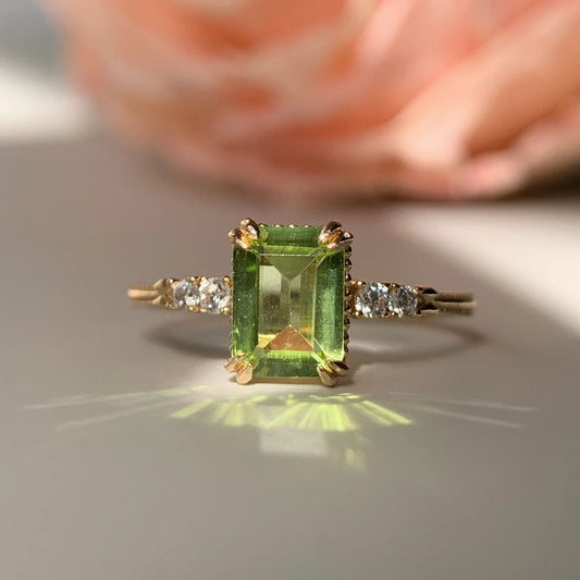 Natural Emerald Cut Peridot Solitaire Rings