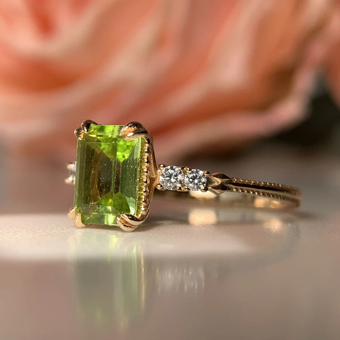 Natural Emerald Cut Peridot 14k gold vermeil Solitaire Rings