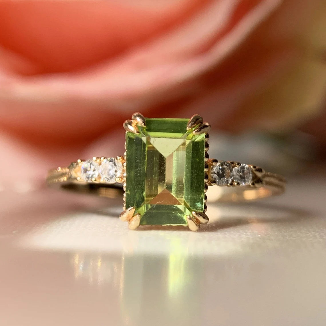 Natural Emerald Cut Peridot 14k gold vermeil Solitaire Rings