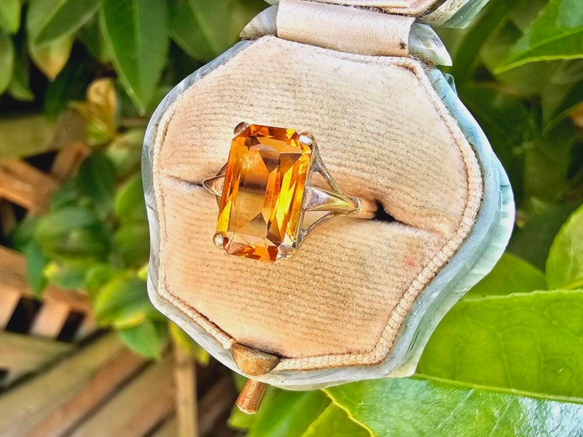 Bagues solitaire citrine taille émeraude naturelle - Bague Vermeil en or 14 carats - Bagues citrine vintage