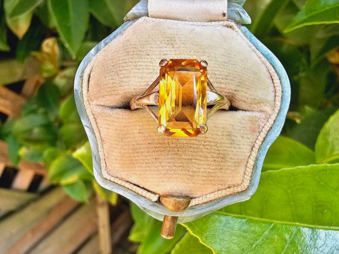 Bagues solitaire citrine taille émeraude naturelle - Bague Vermeil en or 14 carats - Bagues citrine vintage