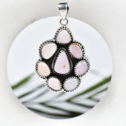 Native American Pink Opal Cluster Pendant - 925 Sterling Silver Pendant