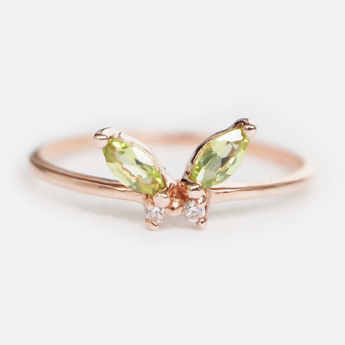 Peridot-Schmetterlingsringe – 14-karätige Roségold-Vermeil-Ringe – Peridot-Versprechensringe