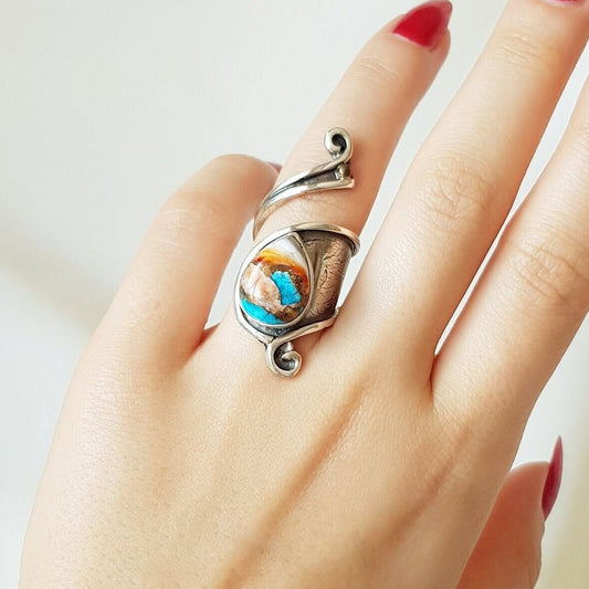 Vintage Teardrop Spiny Oyster Turquoise Wrap Rings - 925 Sterling Navajo Silver