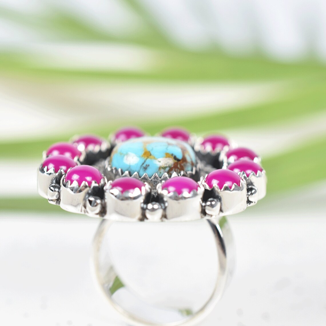 Vintage  Turquoise And Pink Onyx  Southwestern Style Cluster Ring - 925 Sterling Silver Native American Rings
