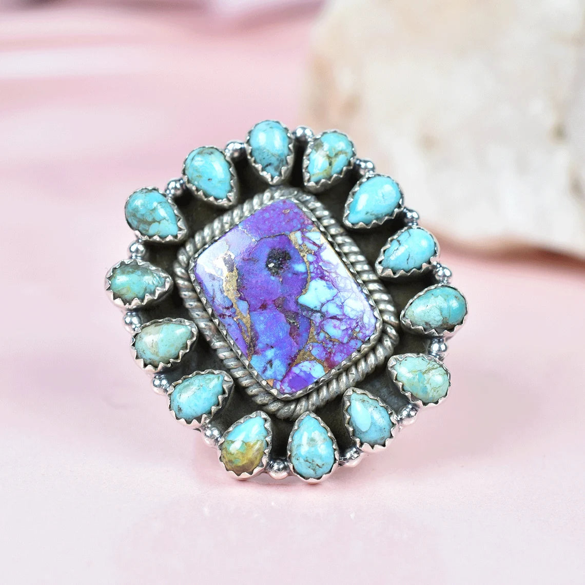 Native American Purple Copper Turquoise & Teardrop Turquoise Cluster Rings - 925 Sterling Silver Boho Rings