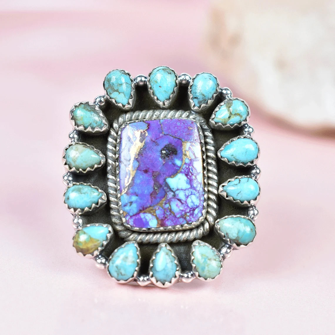 Native American Purple Copper Turquoise & Teardrop Turquoise Cluster Rings - 925 Sterling Silver Boho Rings