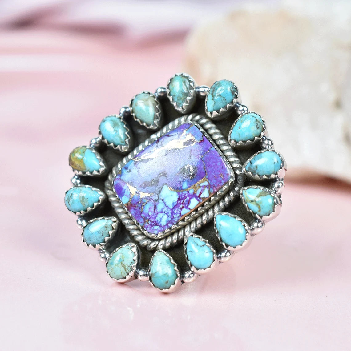 Native American Purple Copper Turquoise & Teardrop Turquoise Cluster Rings - 925 Sterling Silver Boho Rings