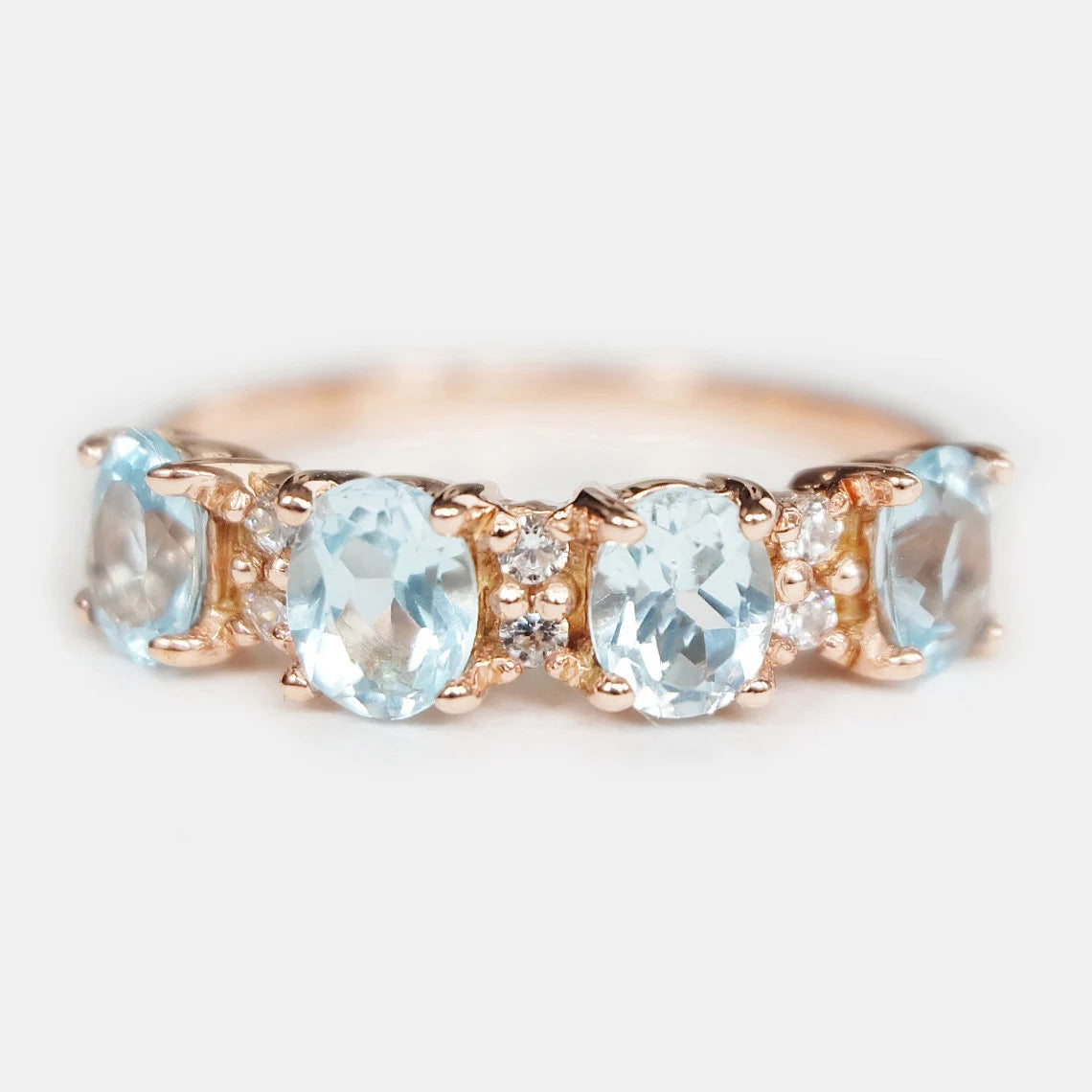 Bague de promesse demi-éternité avec topaze bleue - Bague de mariage en vermeil en or rose 14 carats